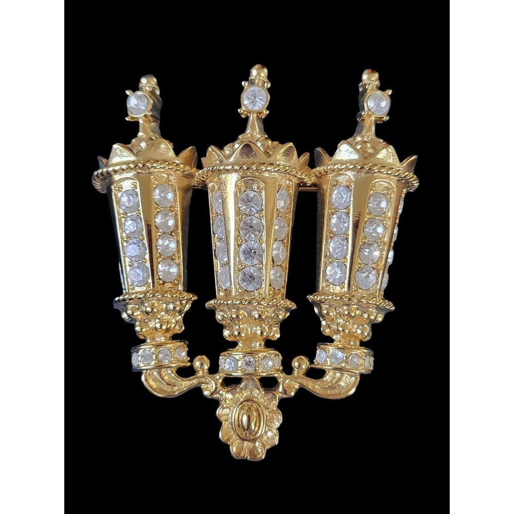 Kenneth Jay Lane KJL Streets of Paris Rhinestone Gaslight Pendant Brooch Gold